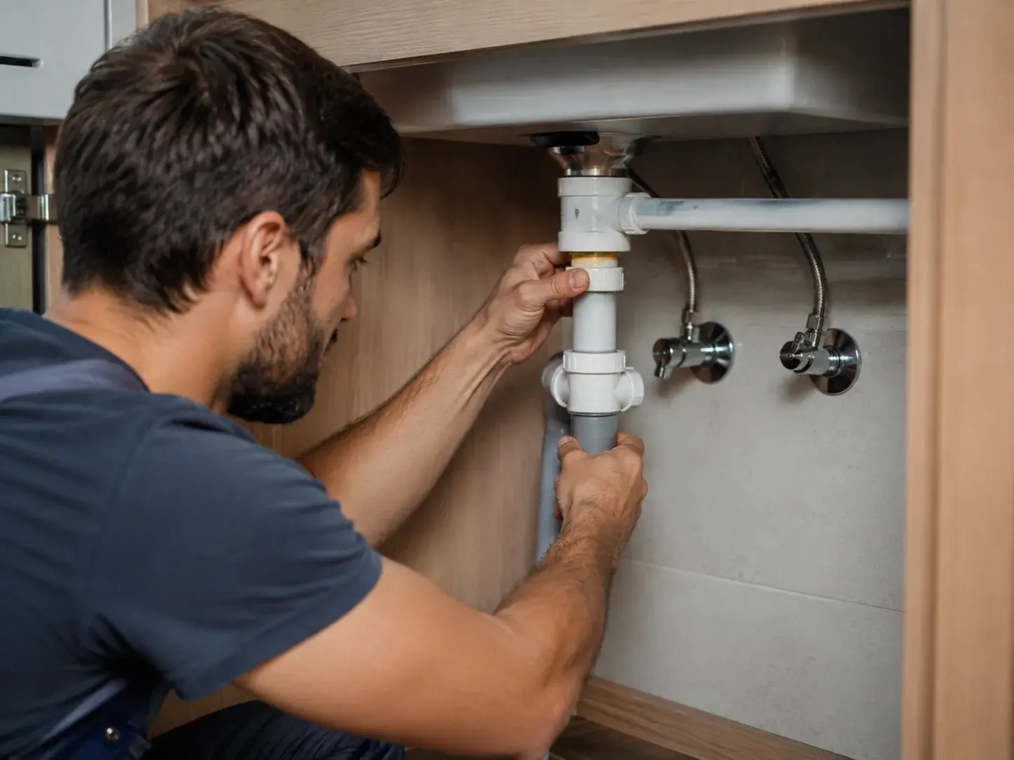 Lavabo altında sıhhi tesisat uygulaması yapan usta